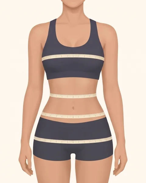 Front-view illustration of a woman in a charcoal sports bra and shorts with four level tape measures: around the fullest part of the bust, the narrowest part of the waist, the top of the hip bones (high hip), and the fullest part of the hips.