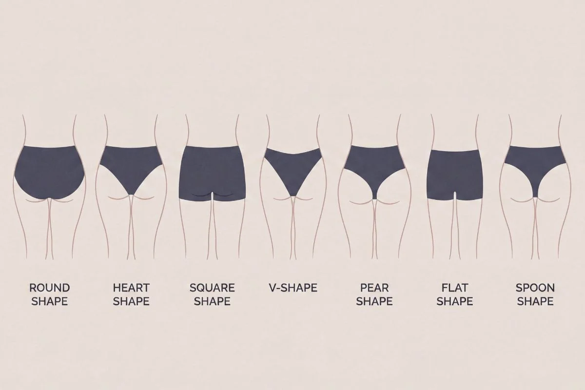 Illustrated diagram of seven common butt shapes shown from behind in dark briefs against a soft beige background, labeled round, heart, square, V-shape, pear, flat, and spoon.