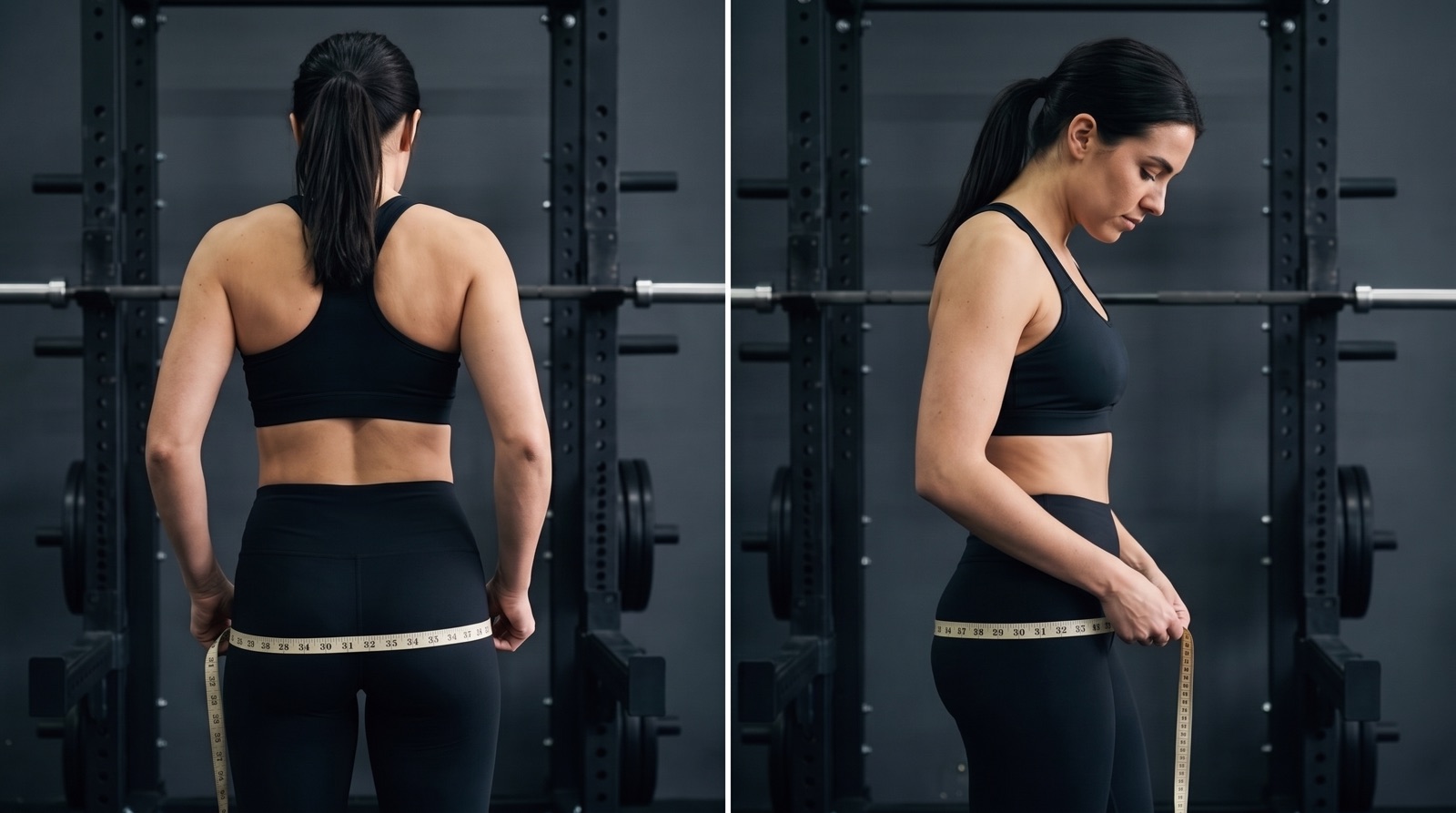 Two-panel gym photo of a woman in a black sports bra and black leggings measuring her butt size with a soft tape measure wrapped level around her glutes, shown from behind and from the side.