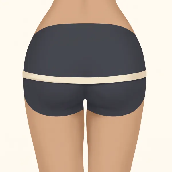 Back view illustration of glutes in charcoal shorts with a soft tape measure running level around the hips at the fullest point.