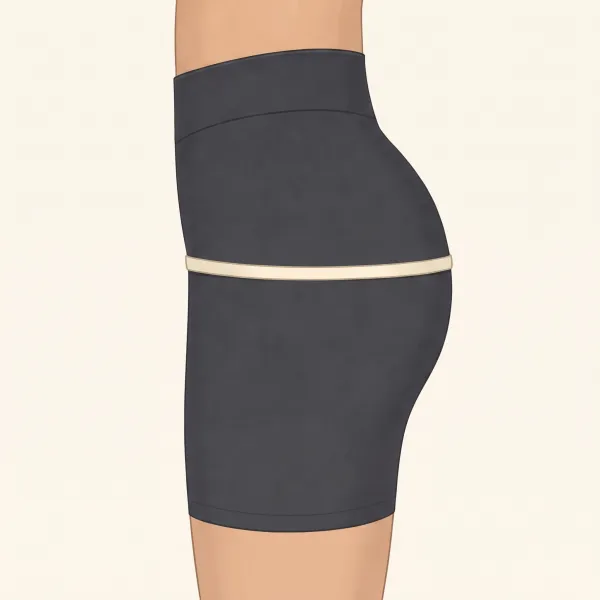 Side view illustration of glutes in charcoal shorts with a soft tape measure wrapped level around the fullest point of the glutes.