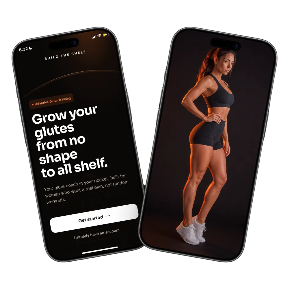 Two iPhones showing the Build The Shelf app — the welcome screen on the left and an athlete photo on the right.