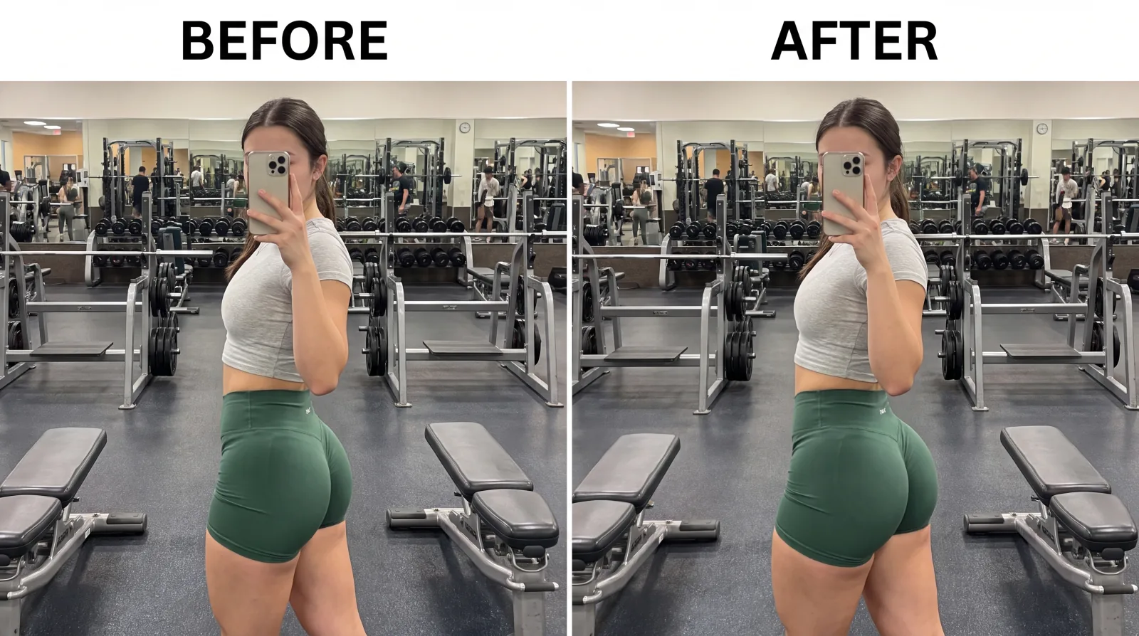 Before and after progress photos showing a flat butt becoming rounder and fuller after consistent glute training with hip thrusts and step-ups.