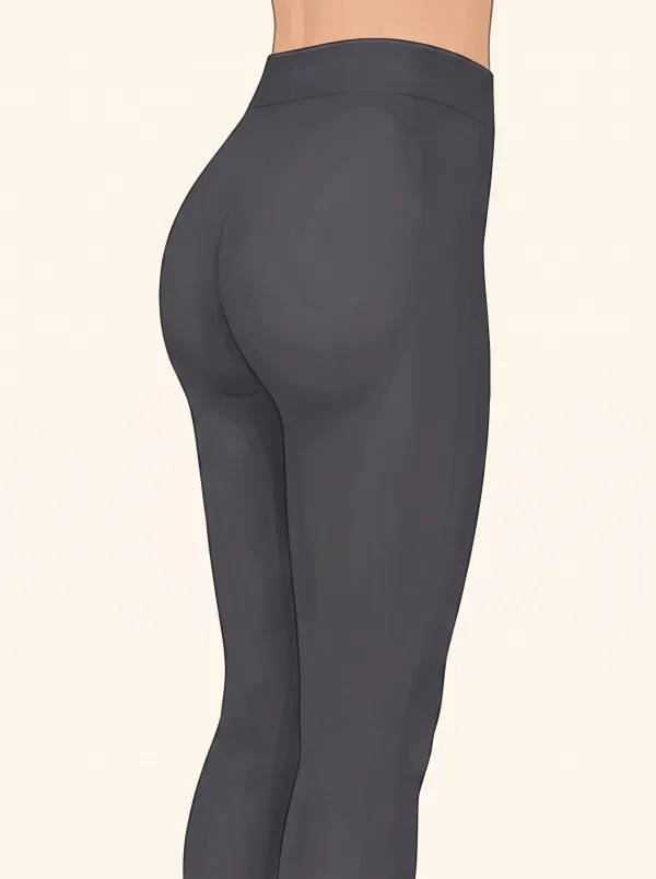 Side-rear view illustration of the same glutes with a long muscle belly: the glute extends lower and blends smoothly into the hamstring with almost no crease.