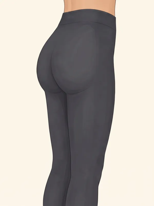 Side-rear view illustration of glutes in charcoal leggings with a short muscle belly: a compact, high, round glute ending in a clear crease, with more upper hamstring visible below it.