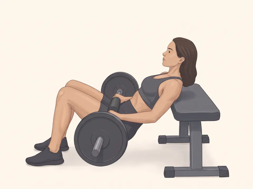Side view of a woman at the bottom of a barbell hip thrust: shoulders on a bench, hips lowered and bent about 90 degrees, barbell across her hips.