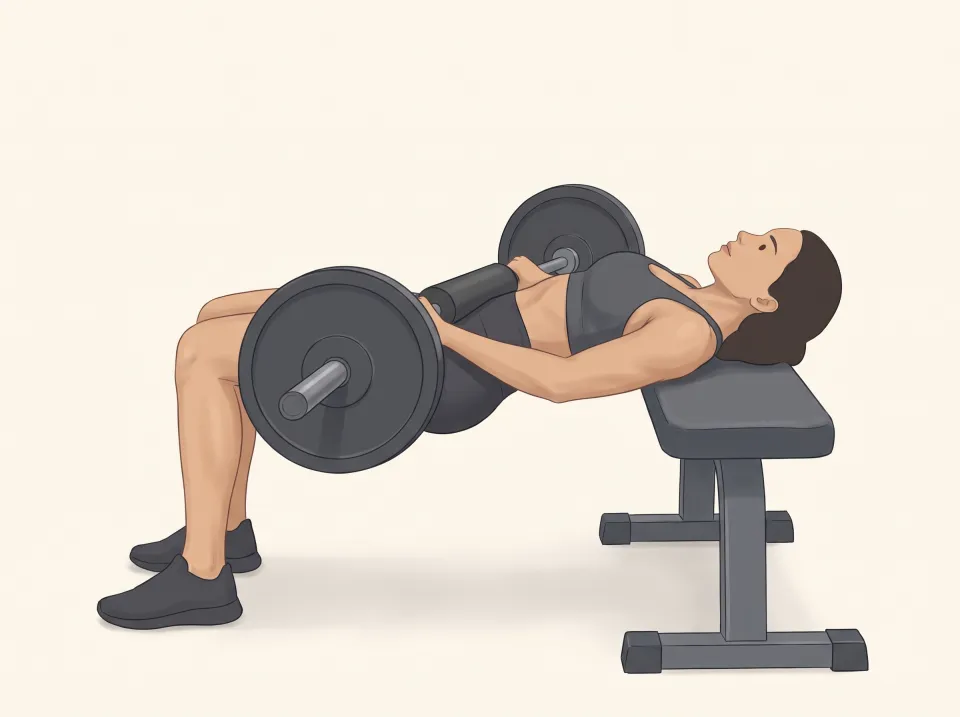 Side view of the same woman at the top of a barbell hip thrust: hips fully extended so her body is a straight line from shoulders to knees, glutes squeezed.