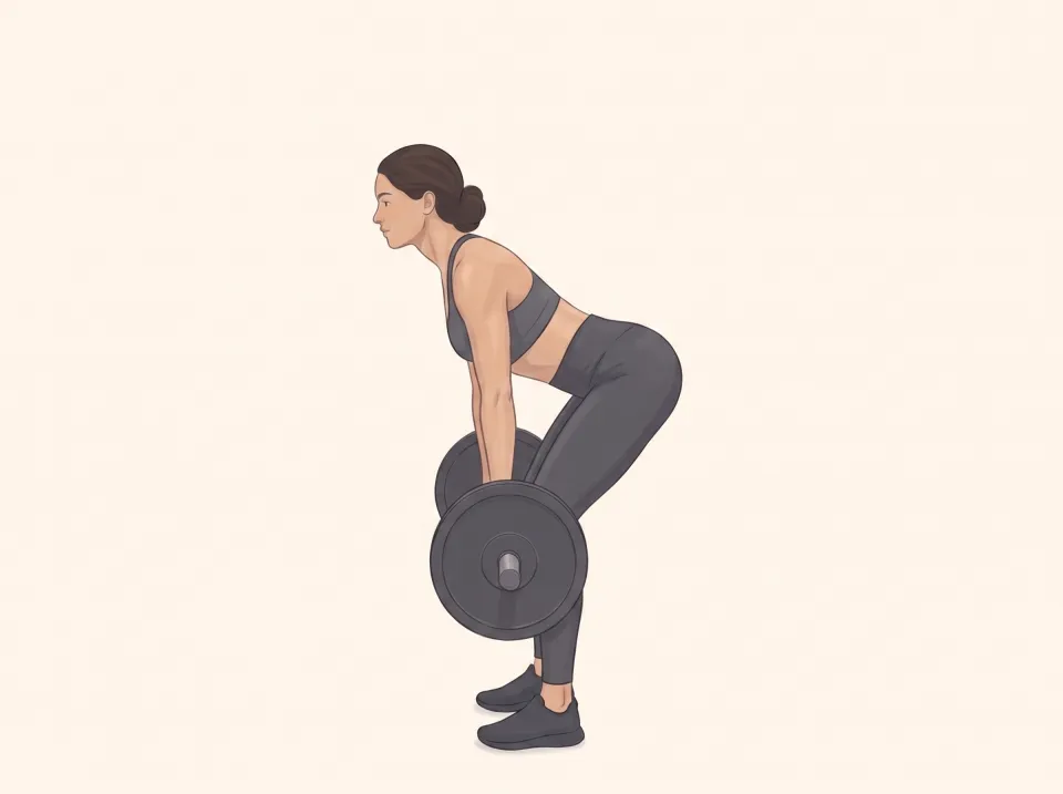 Side view of the same woman at the bottom of a Romanian deadlift: hips pushed back, flat back hinged forward, barbell just below her knees, glutes stretched.