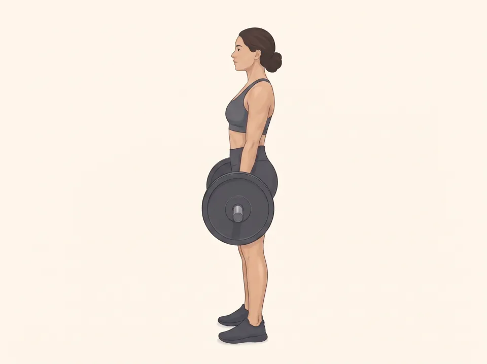 Side view of a woman standing tall at the top of a Romanian deadlift, holding a barbell against her thighs with her hips fully extended.
