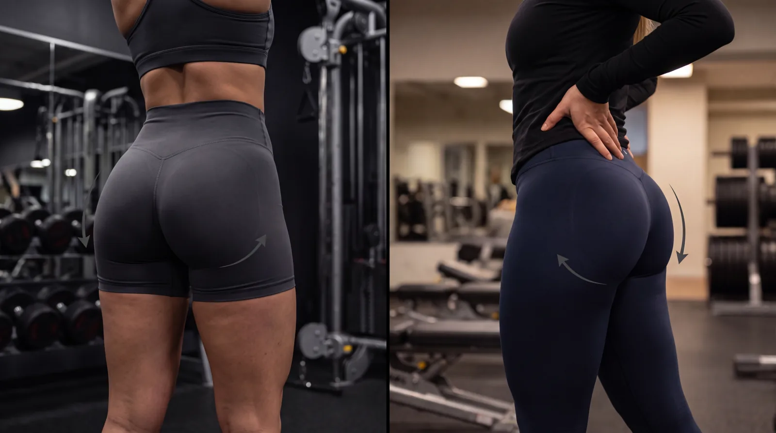 Two gym photos of a heart-shaped butt shown from behind and from the side, with arrows tracing the fuller lower glutes and the upper-outer curve built by glute max and glute medius training.