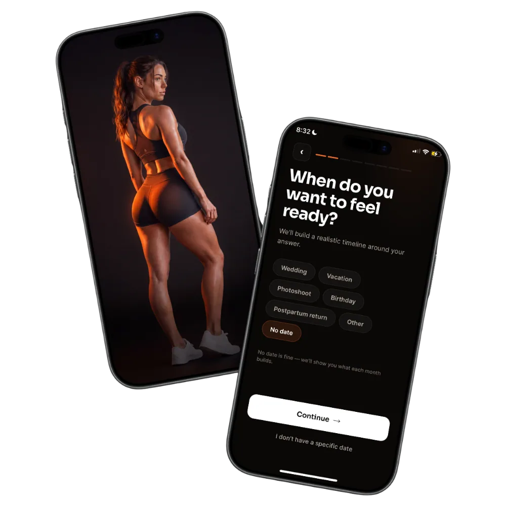 Two iPhones showing the Build The Shelf app — a brand splash with a rim-lit athlete on the left and the date-targeted onboarding question on the right.