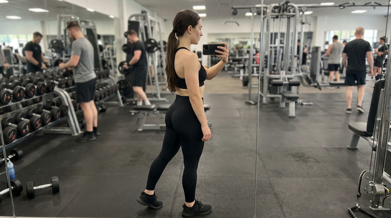 Woman in a black sports bra and black leggings standing side-on to a gym mirror, taking a side-profile progress photo of her glutes on her phone.