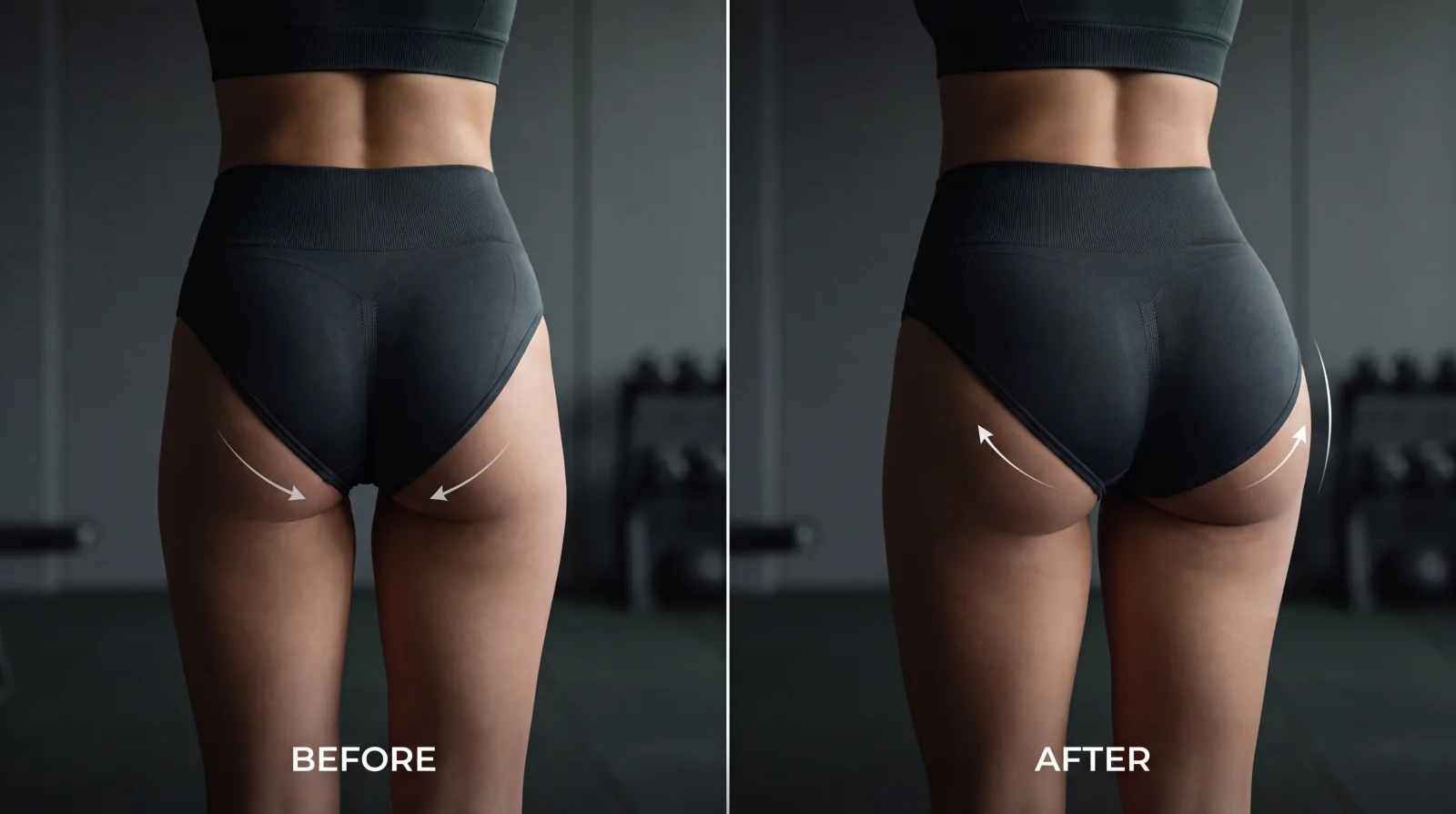 Before and after comparison of an inverted V-shaped butt, with arrows showing the narrow, tapered lower glutes filling out into a rounder shape after glute max training.