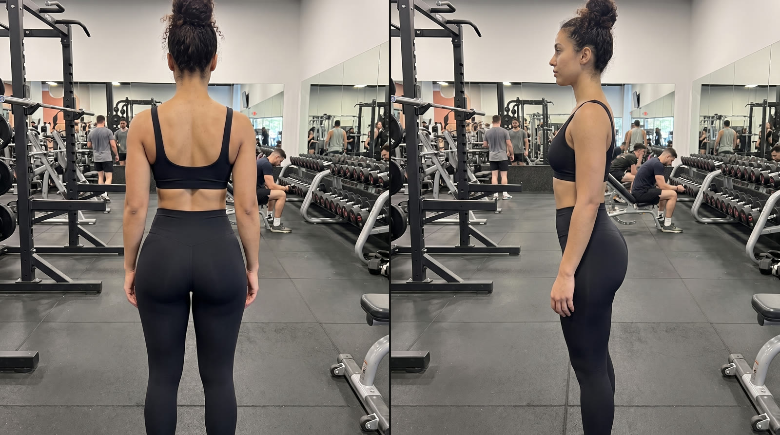 Two-panel gym photo of a woman in a black sports bra and black leggings with a round butt, shown from behind with even fullness top to bottom and from the side with clear, rounded projection.