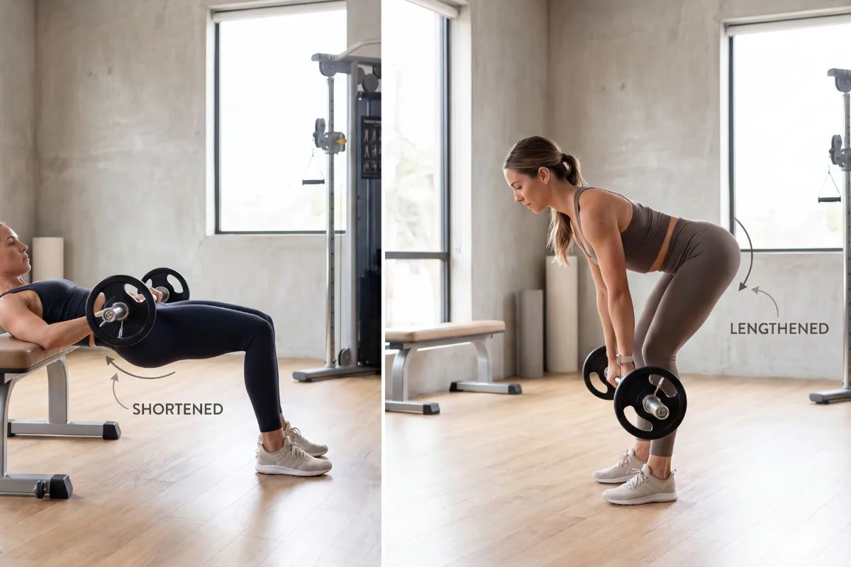 Side-by-side comparison: a barbell hip thrust at the locked-out top position labeled 'shortened,' and a barbell Romanian deadlift at the bottom of the hinge labeled 'lengthened.'