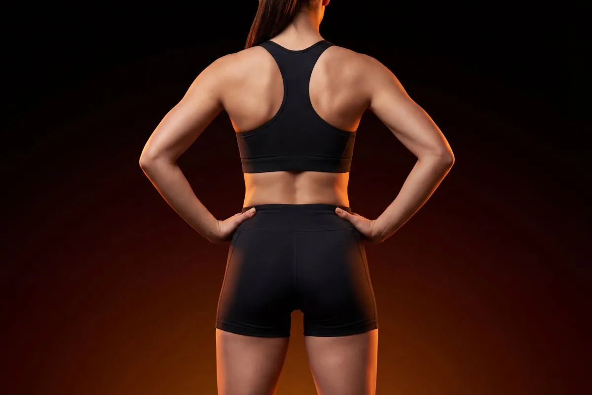 Back view of a brunette woman in a black racerback sports bra and matching high-waist shorts, hands on hips against a dark studio backdrop with warm orange rim lighting, framed to show a square, H-shaped glute outline with straighter side-hip lines and minimal upper-hip curve.