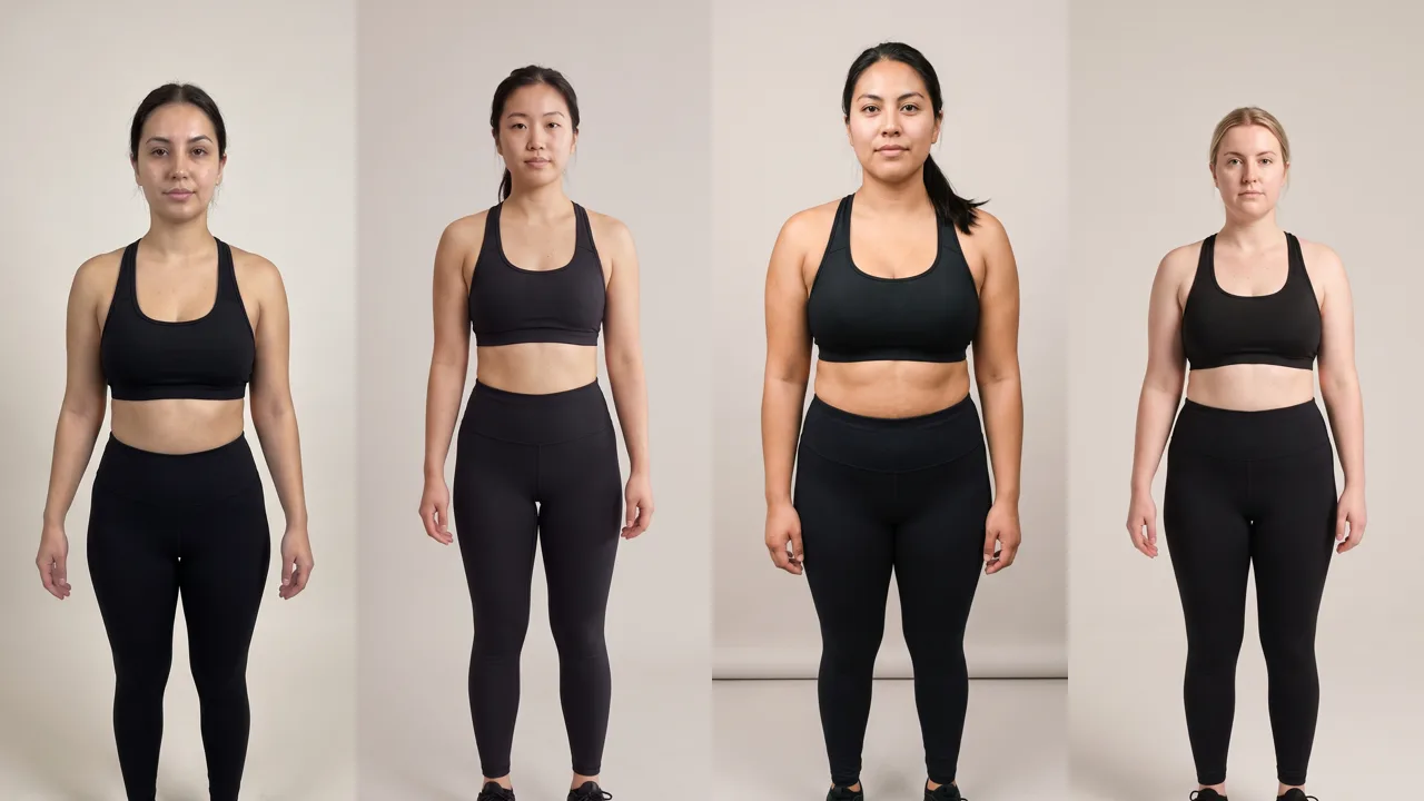 Four women in black sports bras and black leggings against a light studio backdrop, each with a different body shape: hourglass, triangle, inverted triangle and rectangle.