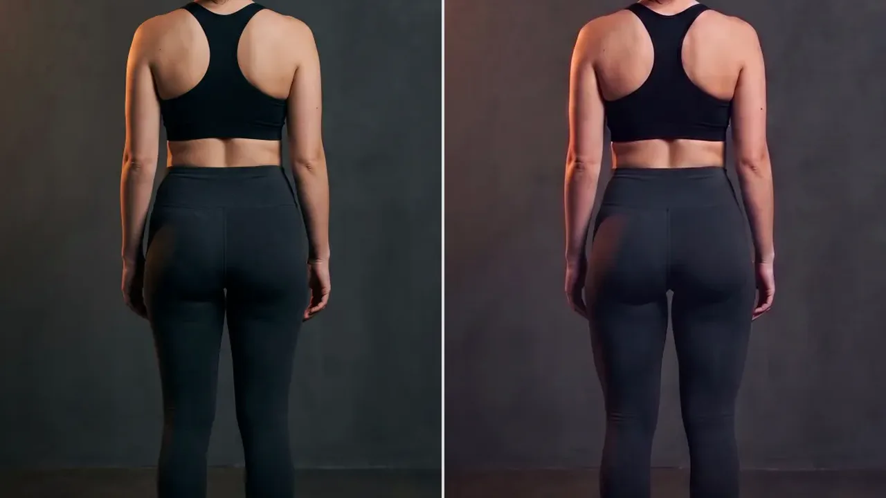 The same woman from behind in a black sports bra and charcoal leggings: untrained on the left, and rounder, fuller glutes after three years of glute training on the right.