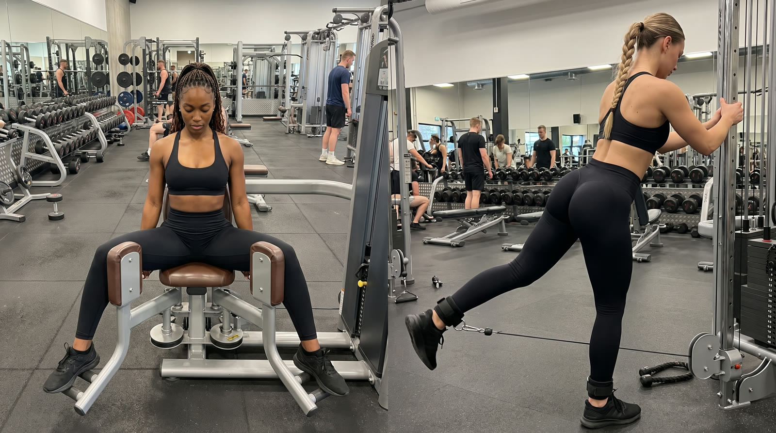 Two-panel gym photo of women in black sports bras and black leggings doing upper glute exercises: a seated hip abduction with the knees pushed wide against the pads, and a cable kickback with the leg kicked back and slightly out.
