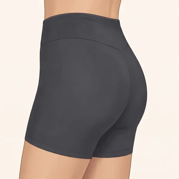 Side view illustration of glutes in charcoal shorts with a flat top: the line slopes gently down and out from the lower back, with the fullest point low on the glutes.