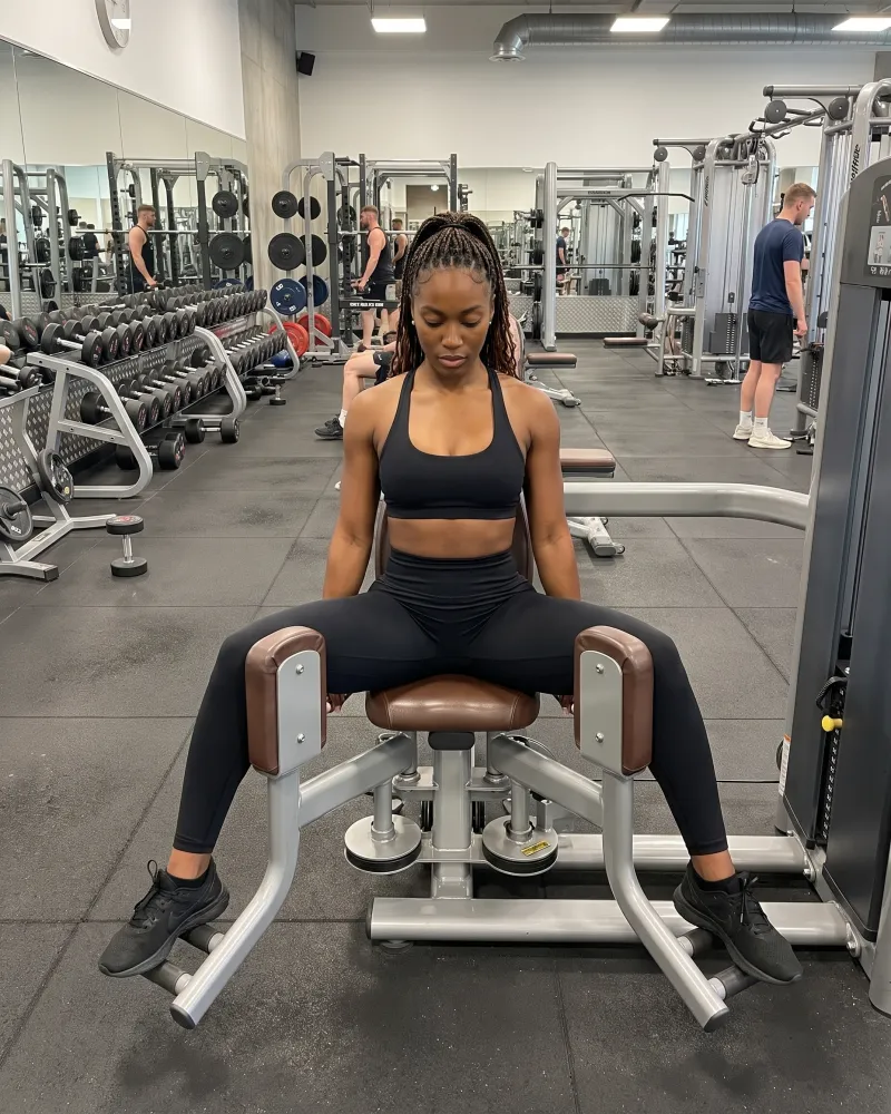 Woman in a black sports bra and black leggings on a seated hip abduction machine in a gym, her knees pushed wide apart against the padded arms so her thighs form a wide V.